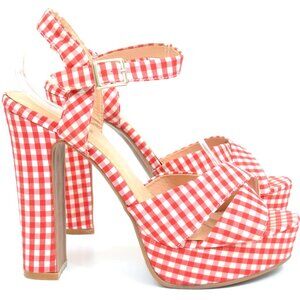 Rockabilly Pin-Up Red White Checkered Gingham Platform Heels Sandal Size 8-9 (L)